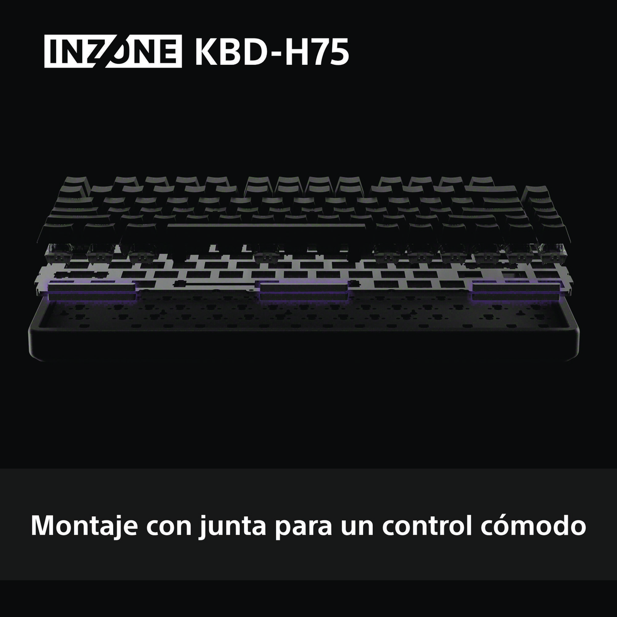 Tastatur mit sichtbaren Innenteilen und lila Beleuchtung. Text oben: INZONE KBD-H75. Text unten: Montage mit Dichtung für komfortable Steuerung.