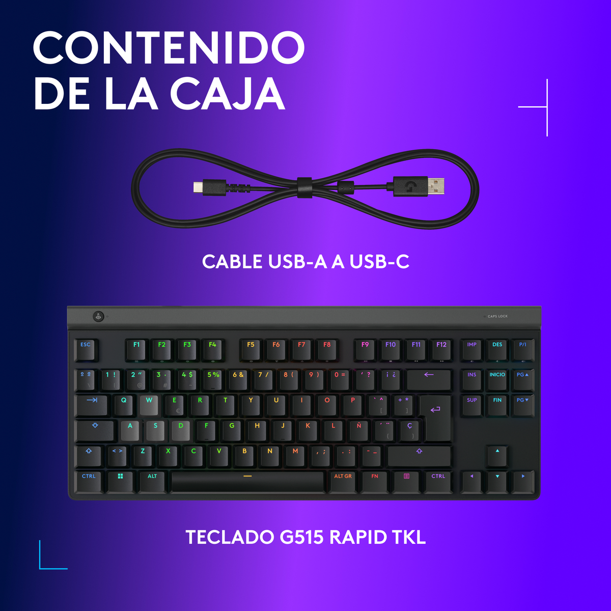 L'immagine mostra una tastiera, un cavo da USB-A a USB-C e del testo. La tastiera è nera. Il cavo è nero. Il testo dice "CONTENIDO DE LA CAJA."