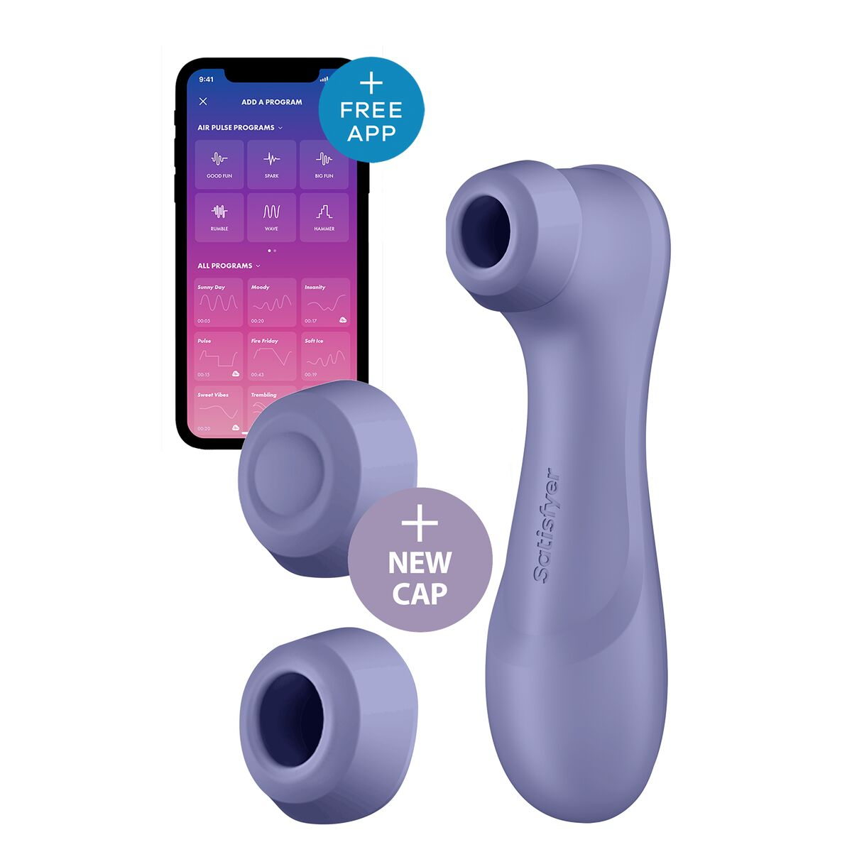 Fioletowy Satisfyer z interfejsem aplikacji i dwiema nasadkami. Aplikacja pokazuje programy. Tekst mówi 'Free App' i 'New Cap'.