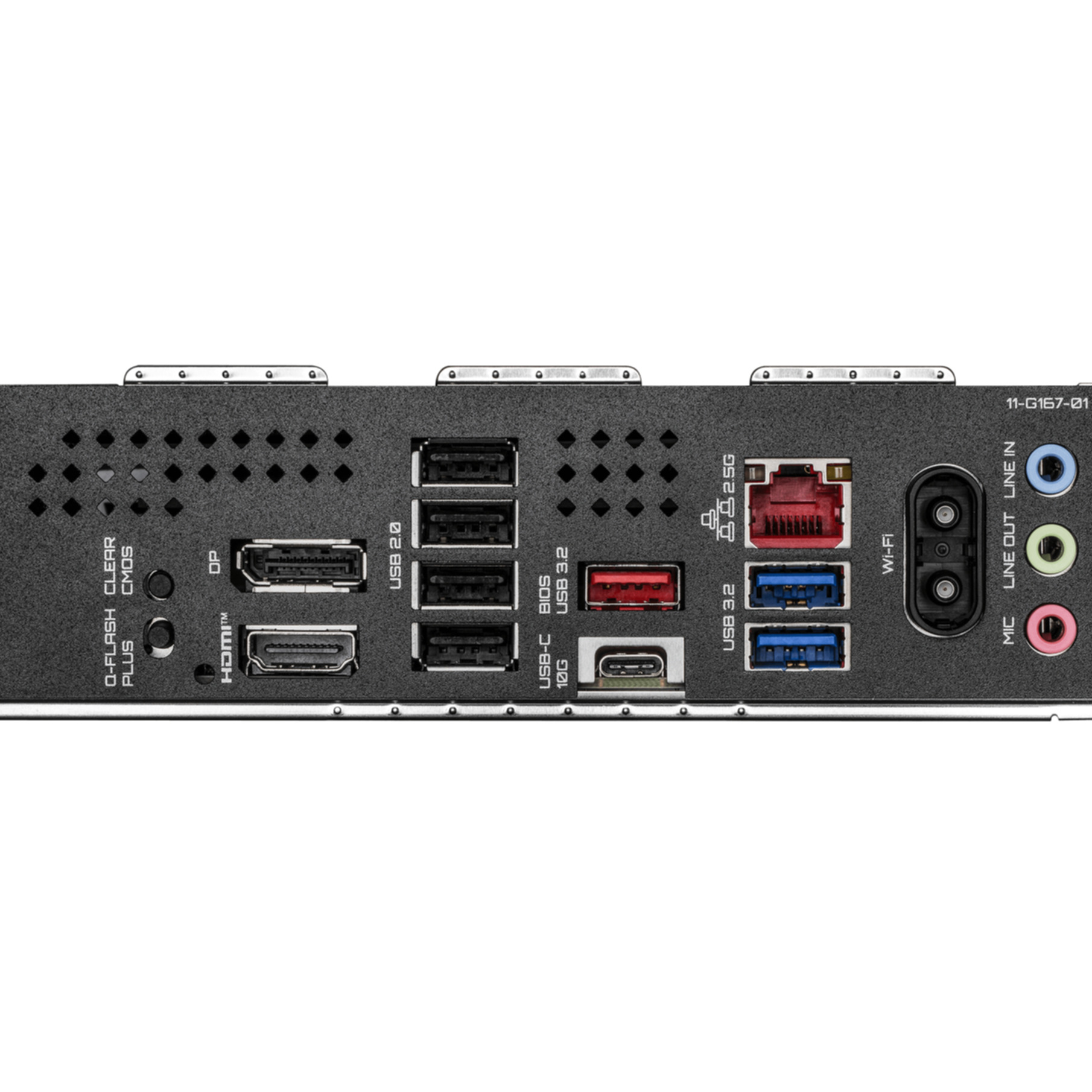 Panneau arrière d'une carte mère d'ordinateur avec divers ports, dont USB, HDMI, prises audio et Ethernet. Noir avec des étiquettes.