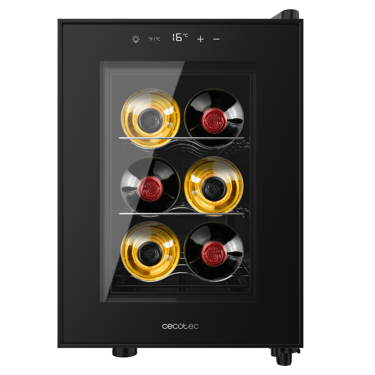 Un frigo per vino nero con sei bottiglie di vino all'interno. Il frigo ha una porta a vetro e un display digitale della temperatura.