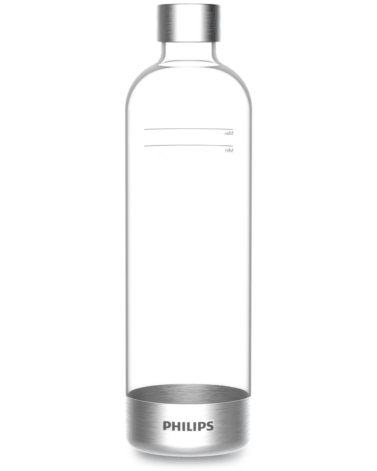 Una bottiglia d'acqua in vetro trasparente con tappo e base argentati. La parola 'PHILIPS' è sulla base.