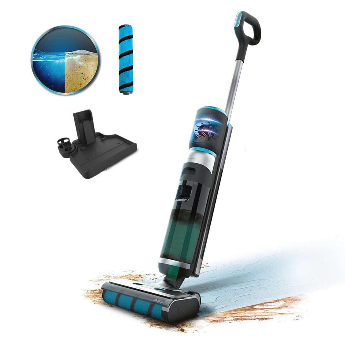Un aspirapolvere senza fili con più accessori. È nero e verde acqua con un serbatoio dell'acqua trasparente e una spazzola blu.