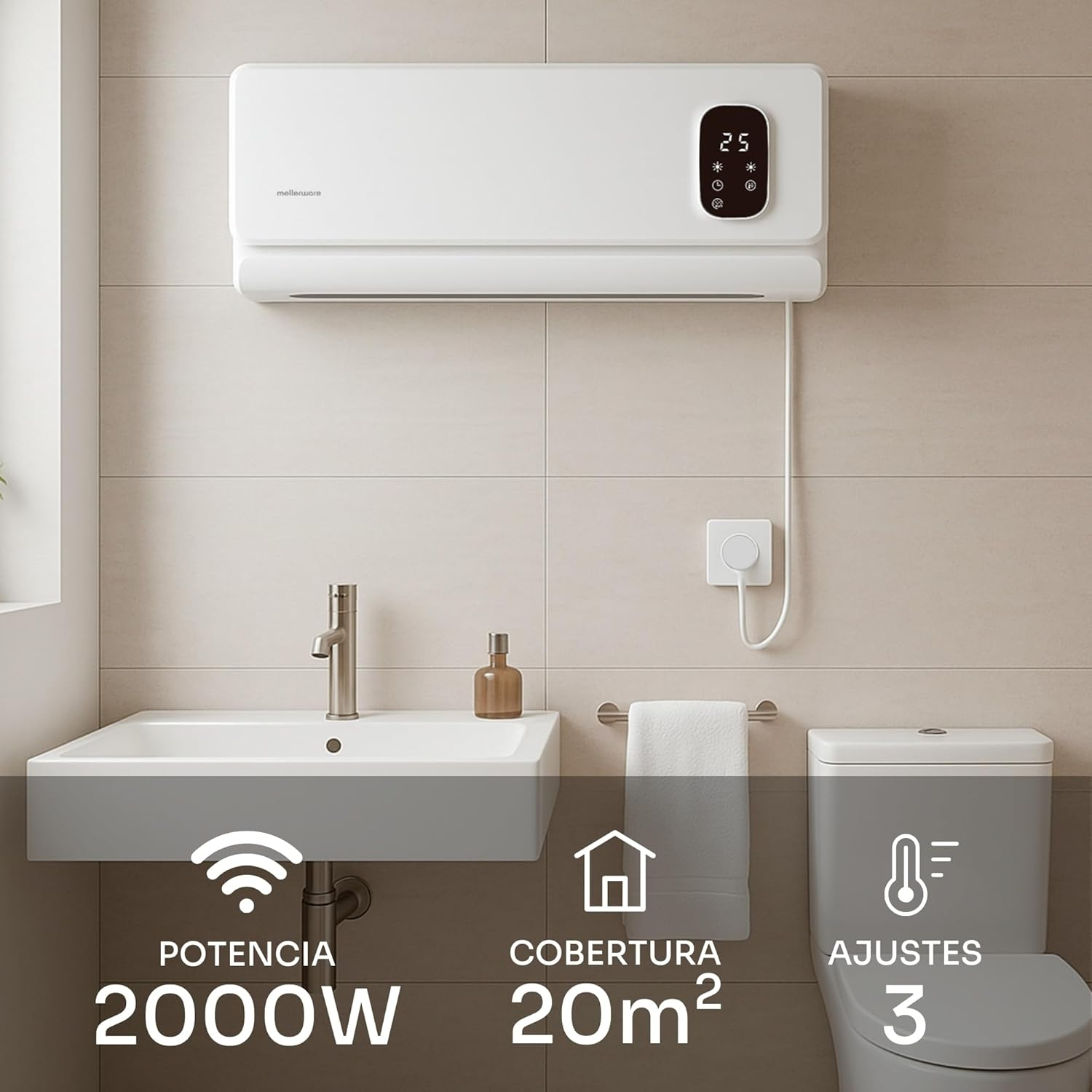 Calentador de agua blanco sobre un lavabo, con un inodoro a la derecha. La pantalla muestra 25 grados. Se muestra la potencia, la cobertura y la configuración.