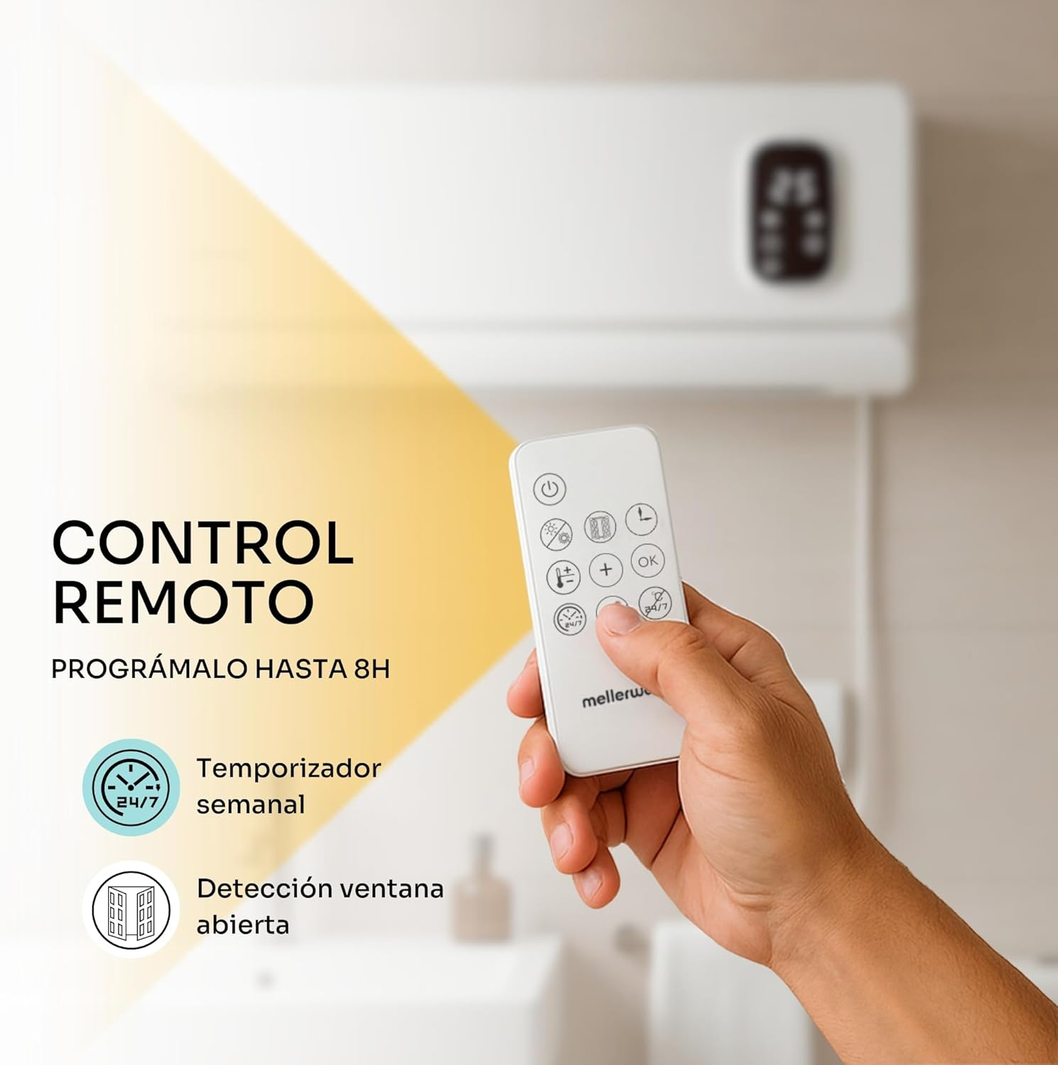 Una mano sostiene un mando a distancia blanco. El texto dice 'Control Remoto'. El mando controla un dispositivo blanco en la pared.