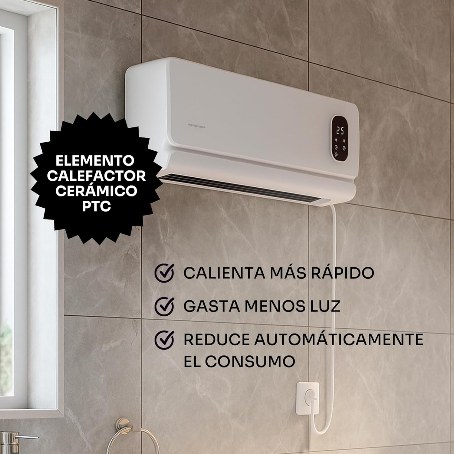 Calentador cerámico blanco en una pared de azulejos. Incluye una pantalla digital y texto que promueve el calentamiento rápido, la eficiencia energética y la reducción automática del consumo.