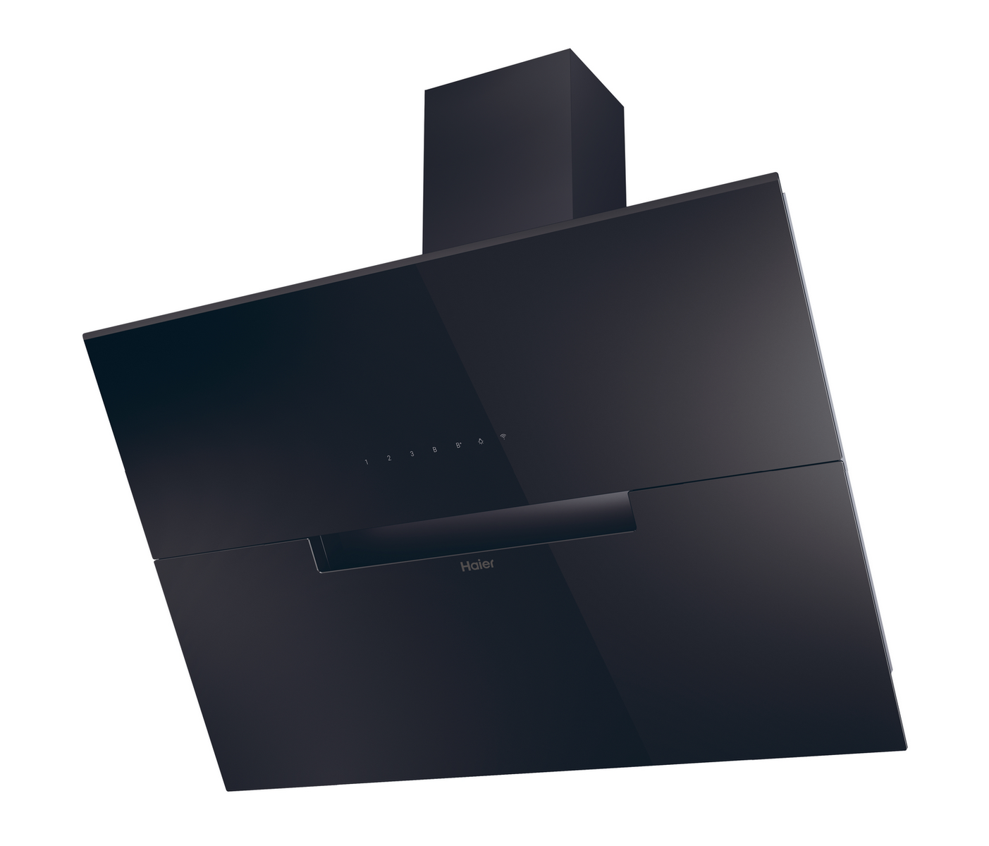 Campana extractora Haier negra con controles táctiles, frontal de vidrio y chimenea. Números 1, 2, 3, B, símbolo Wi-Fi visible.