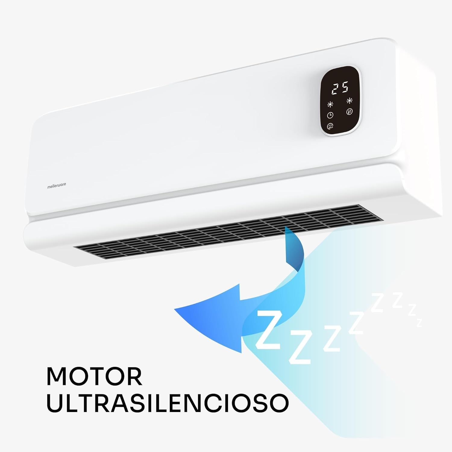 Un aire acondicionado blanco con pantalla digital que muestra '25'. Una flecha azul y 'Z's indican silencio, con el texto 'MOTOR ULTRASILENCIOSO'.