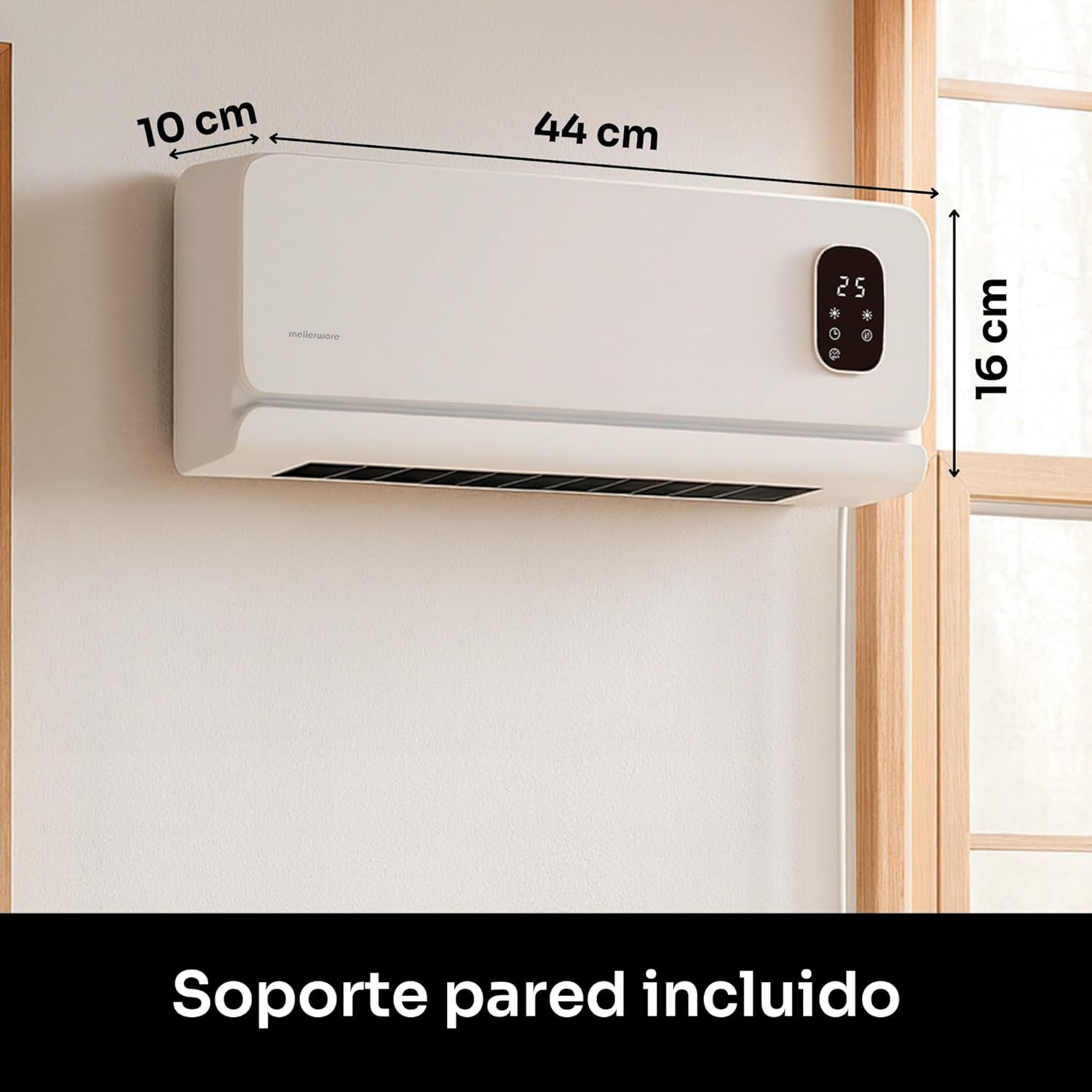 Un acondicionador de aire blanco montado en la pared con dimensiones etiquetadas. Tiene una pantalla digital que muestra la configuración. 'Soporte pared incluido' abajo.