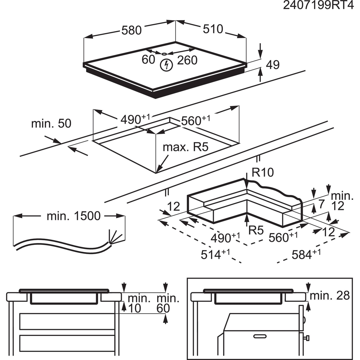 Diagrama de una placa de cocina con dimensiones y especificaciones de corte. Incluye detalles de vista superior y lateral. Blanco y negro.
