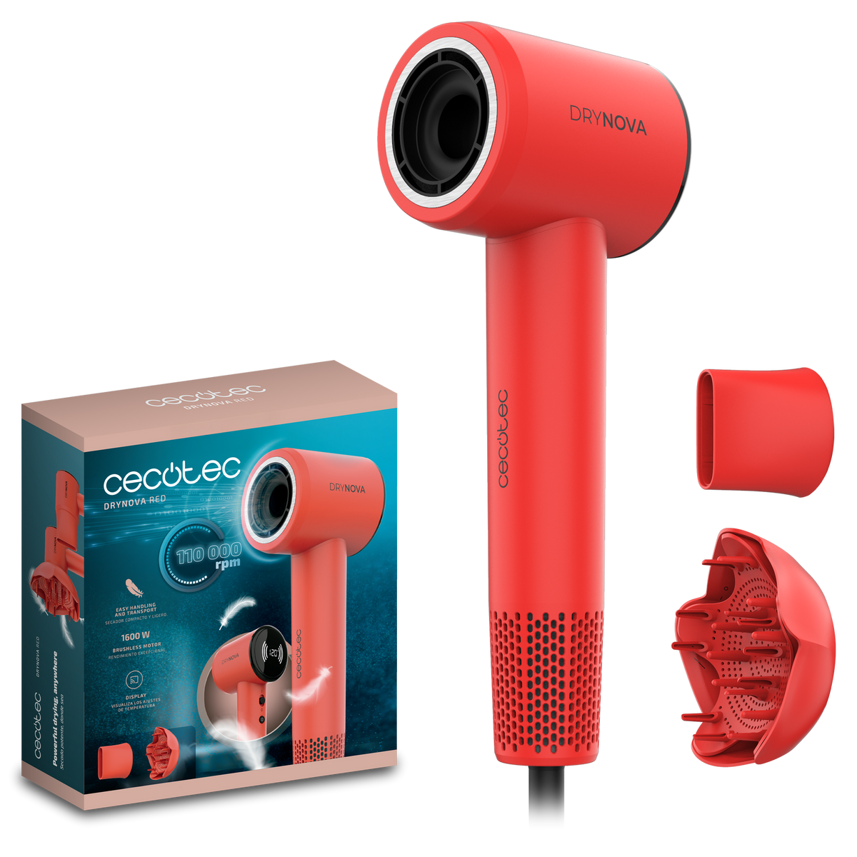 Un asciugacapelli rosso Cecotec Drynova con accessori e scatola. L'asciugacapelli è su sfondo nero.