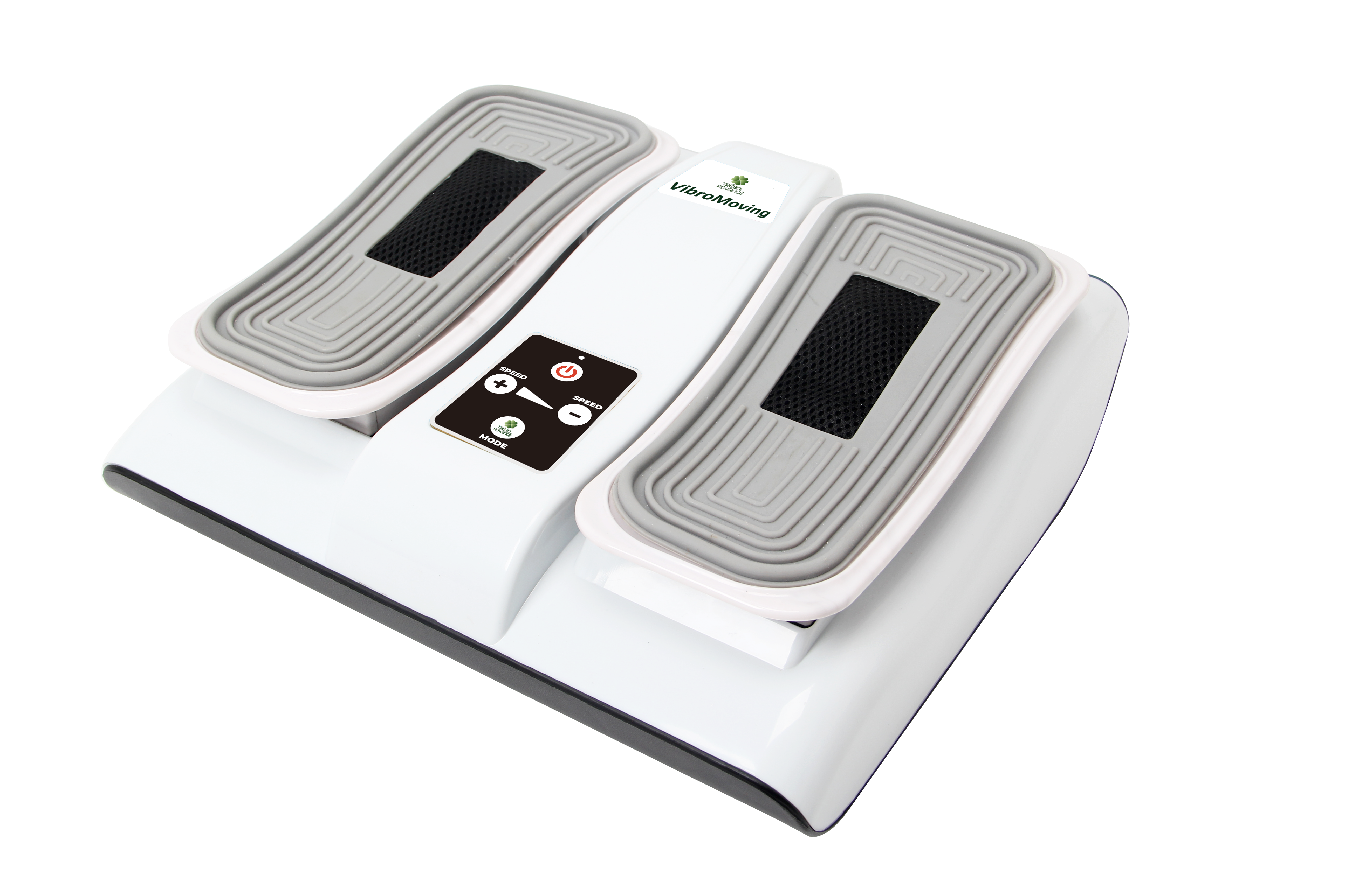 Una máquina de ejercicios VibroMoving blanca con dos almohadillas para los pies, un panel de control e inserciones de malla negra. El fondo es negro.