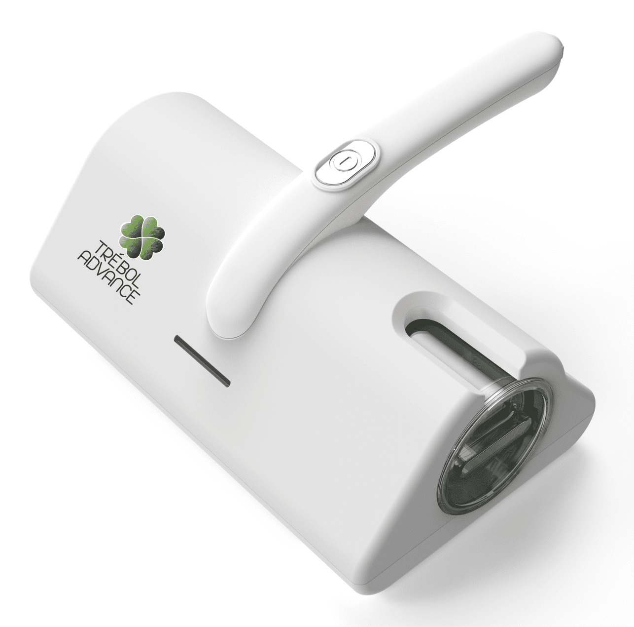 Un dispositivo blanco Trebol Advance con logotipo de trébol. Tiene un mango con botón de encendido/apagado y una luz clara al final.
