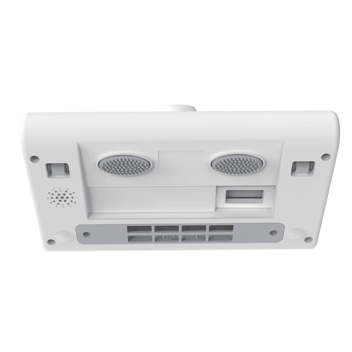 Un dispositivo blanco con dos cabezales de pulverización circulares, una ventilación rectangular y varios agujeros pequeños. El dispositivo está sobre un fondo blanco.