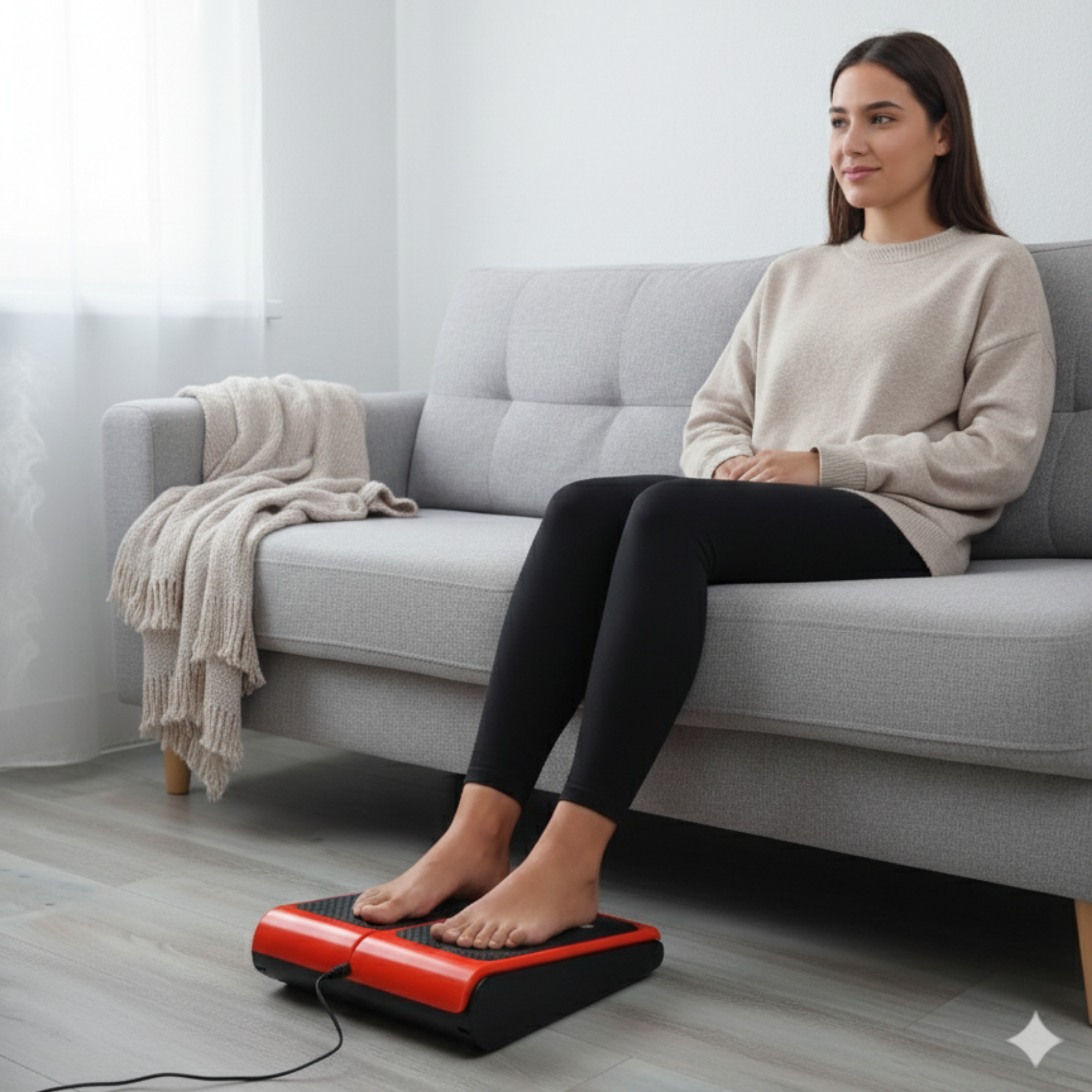 Una mujer sentada en un sofá con los pies sobre una plataforma vibratoria roja. Lleva mallas negras y un suéter beige.