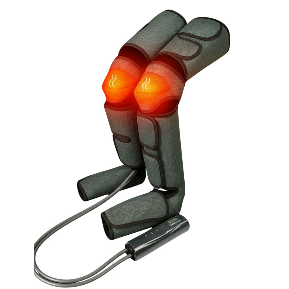 Masajeador de rodilla gris con almohadillas térmicas rojas brillantes, conectado a una unidad de control. El fondo es blanco.