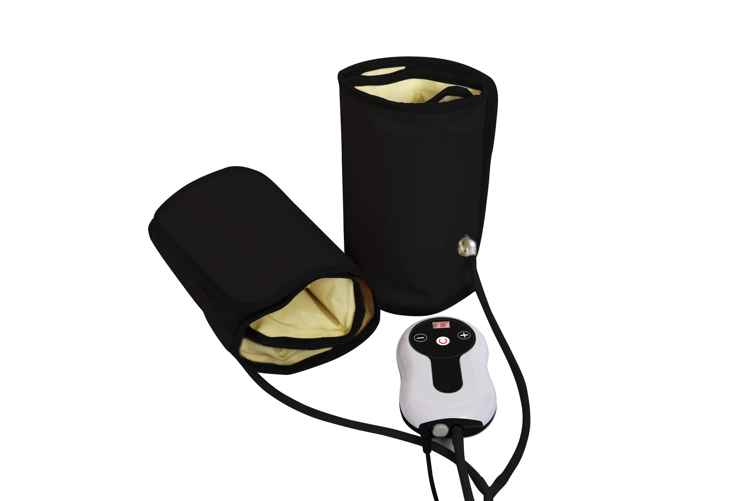 Dos almohadillas térmicas negras con interior crema, conectadas a una unidad de control blanca con botones, aisladas.