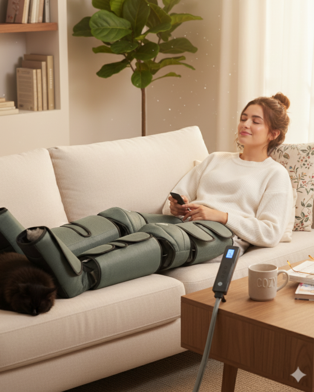 Mujer relajándose en un sofá con masajeador de piernas, gato a su lado. Taza de café en la mesa. Planta en el fondo.