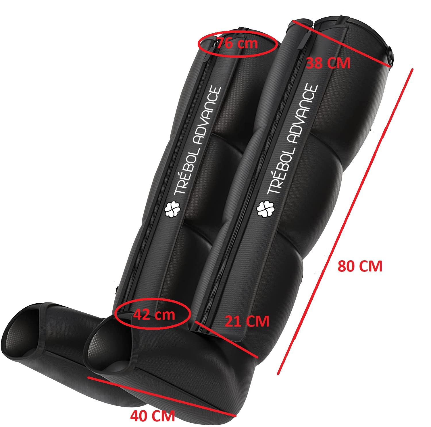 Dos vendas negras Trébol Advance para piernas con dimensiones indicadas. Medidas: 76 cm, 38 cm, 42 cm, 21 cm, 40 cm y 80 cm.