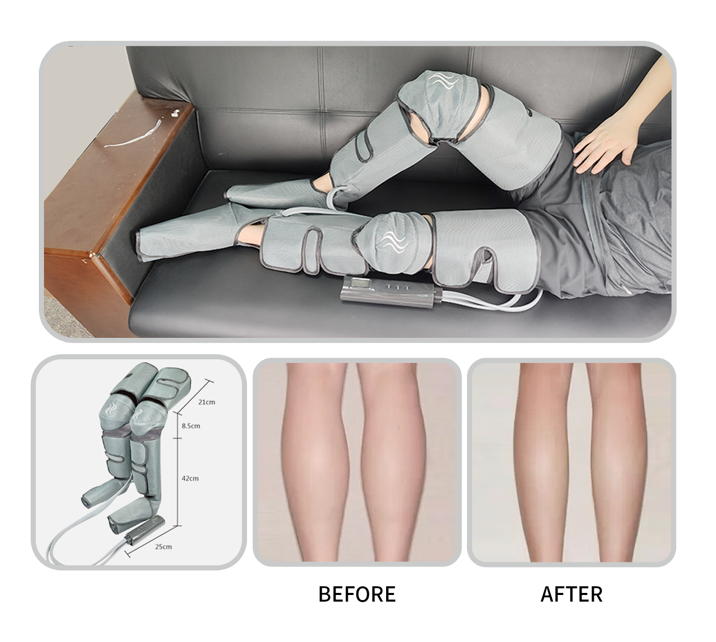 Persona usando un masajeador de piernas. Se muestran imágenes de antes y después de las piernas. Vista detallada del masajeador con dimensiones.