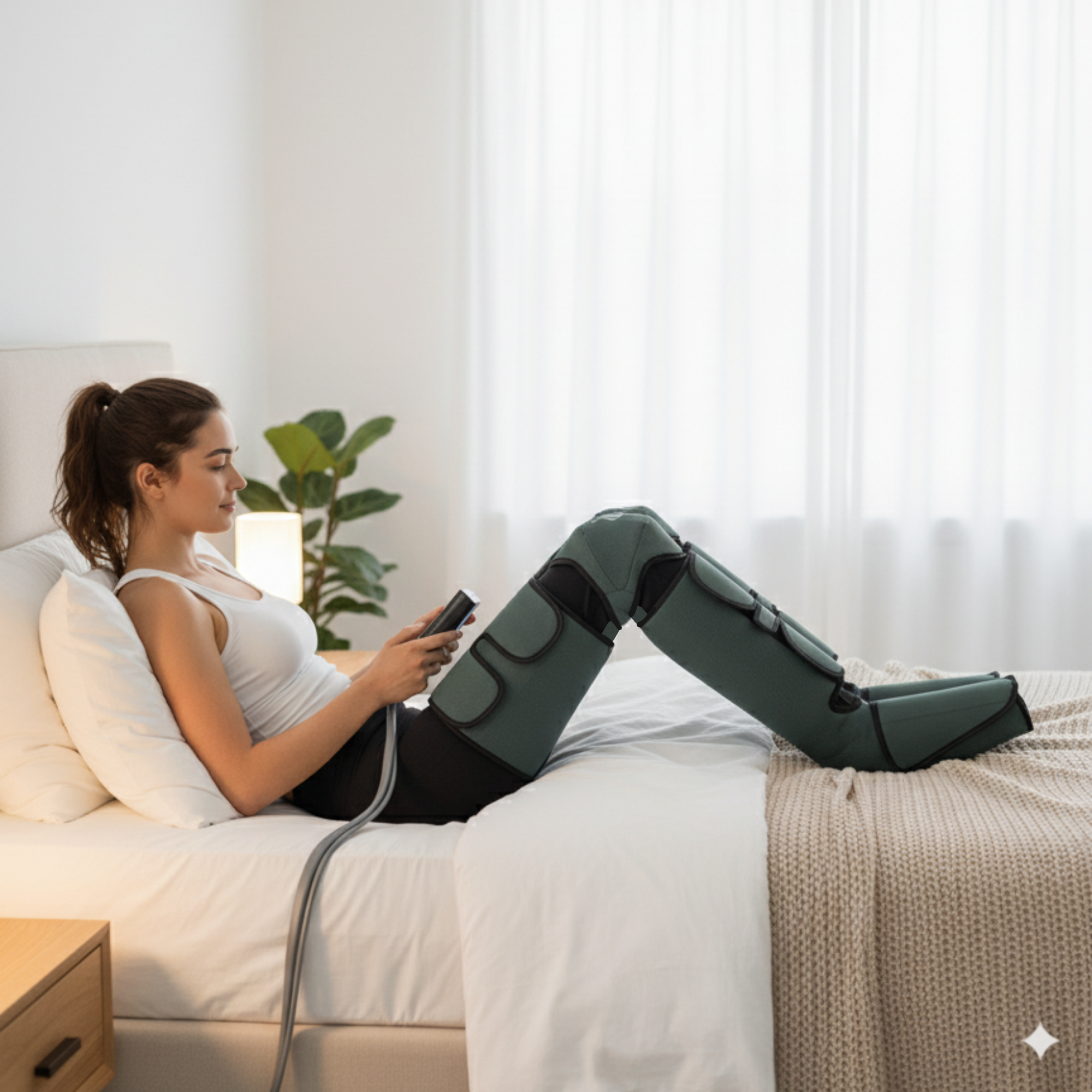 Mujer en cama con botas de compresión para piernas, sosteniendo un controlador. Ropa de cama blanca, cortinas y una mesita de noche son visibles.