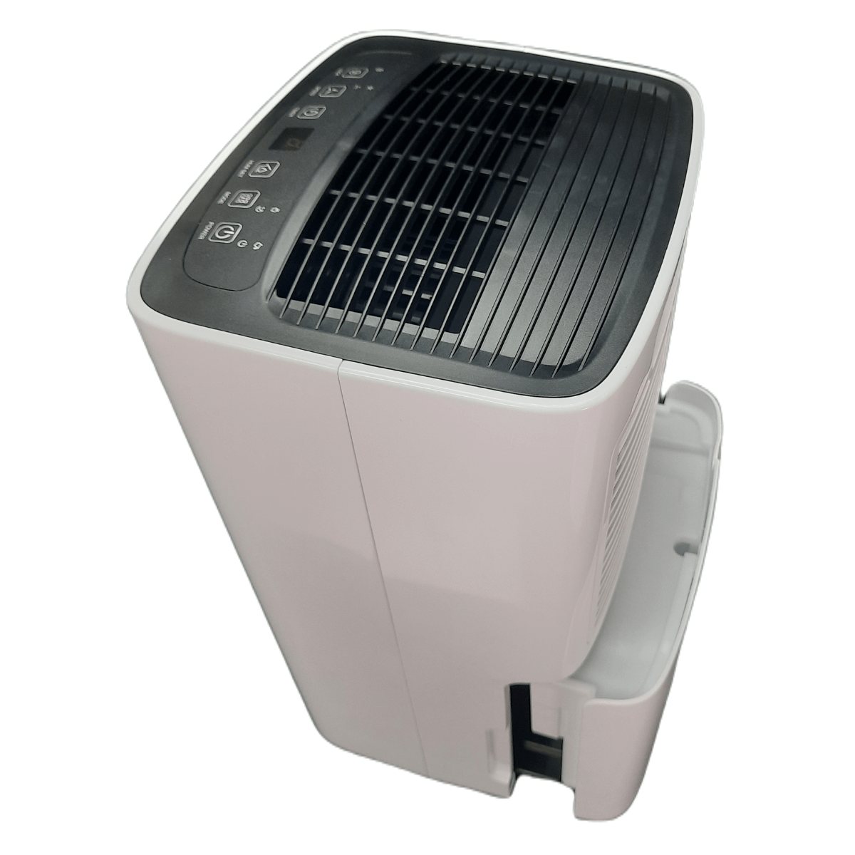 Un purificador de aire blanco y negro. La parte superior tiene una rejilla negra y un panel de control. Un depósito de agua blanco está abierto en la base.