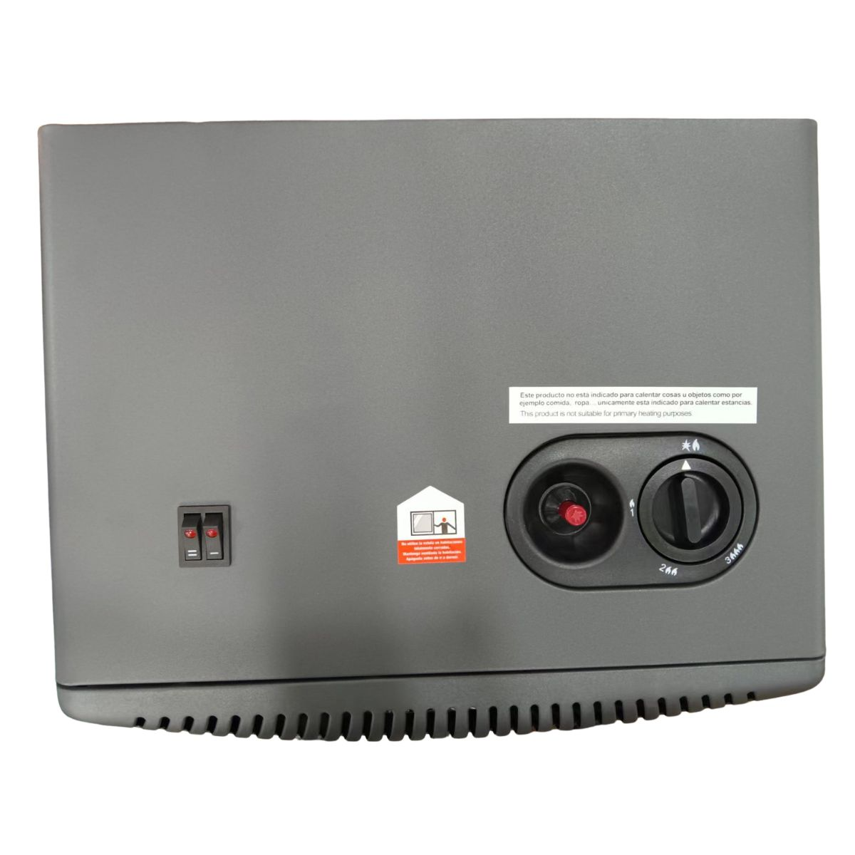 Un electrodoméstico gris con interruptores, diales y una etiqueta de advertencia. Tiene una parte inferior acanalada y un botón rojo.