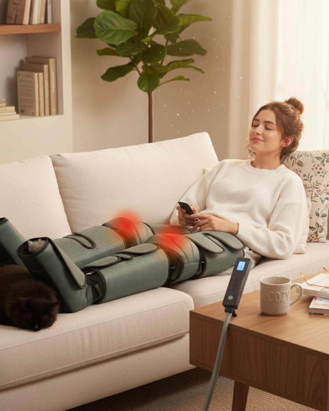 Mujer relajada en un sofá con masajeador de piernas. Un gato negro duerme cerca. Mesa con taza y dispositivo.