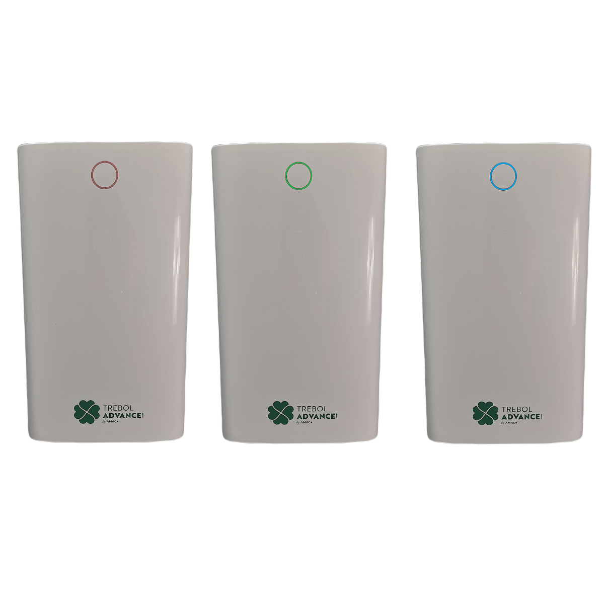 Tres dispositivos blancos con círculos de colores arriba (rojo, verde, azul). Cada uno tiene un logo de trébol y el texto 'TREBOL ADVANCE!'