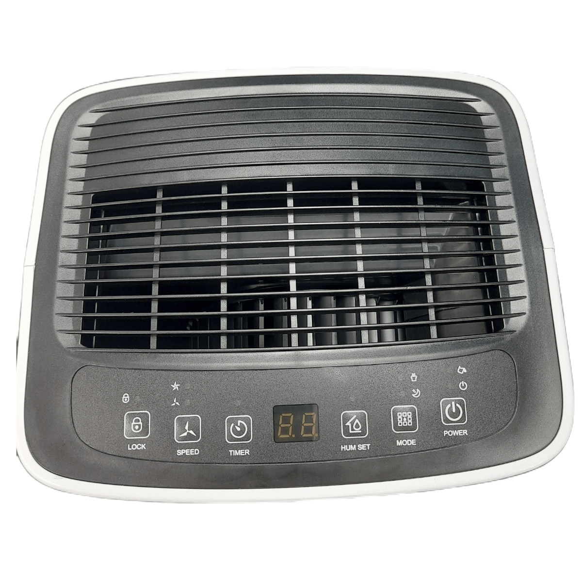 Un purificador de aire gris y blanco con pantalla digital y botones de control. La parte frontal tiene un diseño de ventilación.