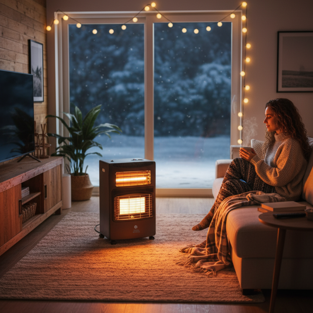 Una mujer sentada en un sofá, sosteniendo una taza. Una estufa brilla delante. Afuera, por la ventana, cae nieve. Interior cálido, ambiente acogedor.
