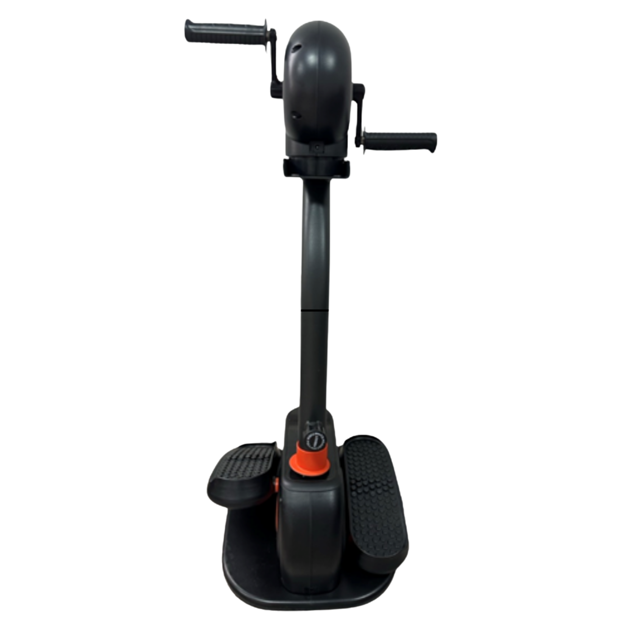 Una máquina de ejercicios con marco negro, manijas y pedales. Tiene una perilla de control naranja y está sobre un fondo blanco.