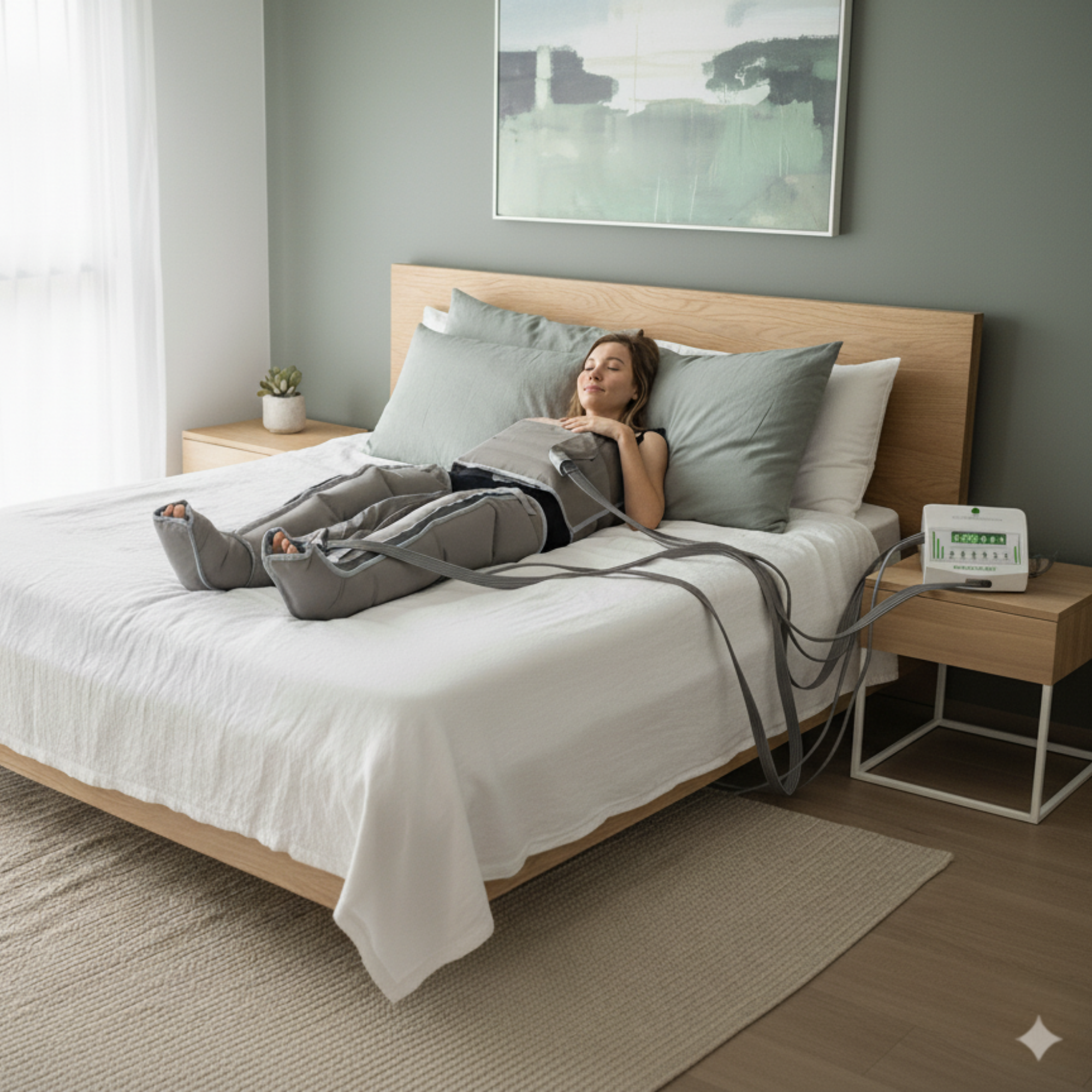 Una mujer yace en una cama, usando un dispositivo de terapia de compresión. La habitación tiene una pintura, mesita de noche y colores neutros suaves.
