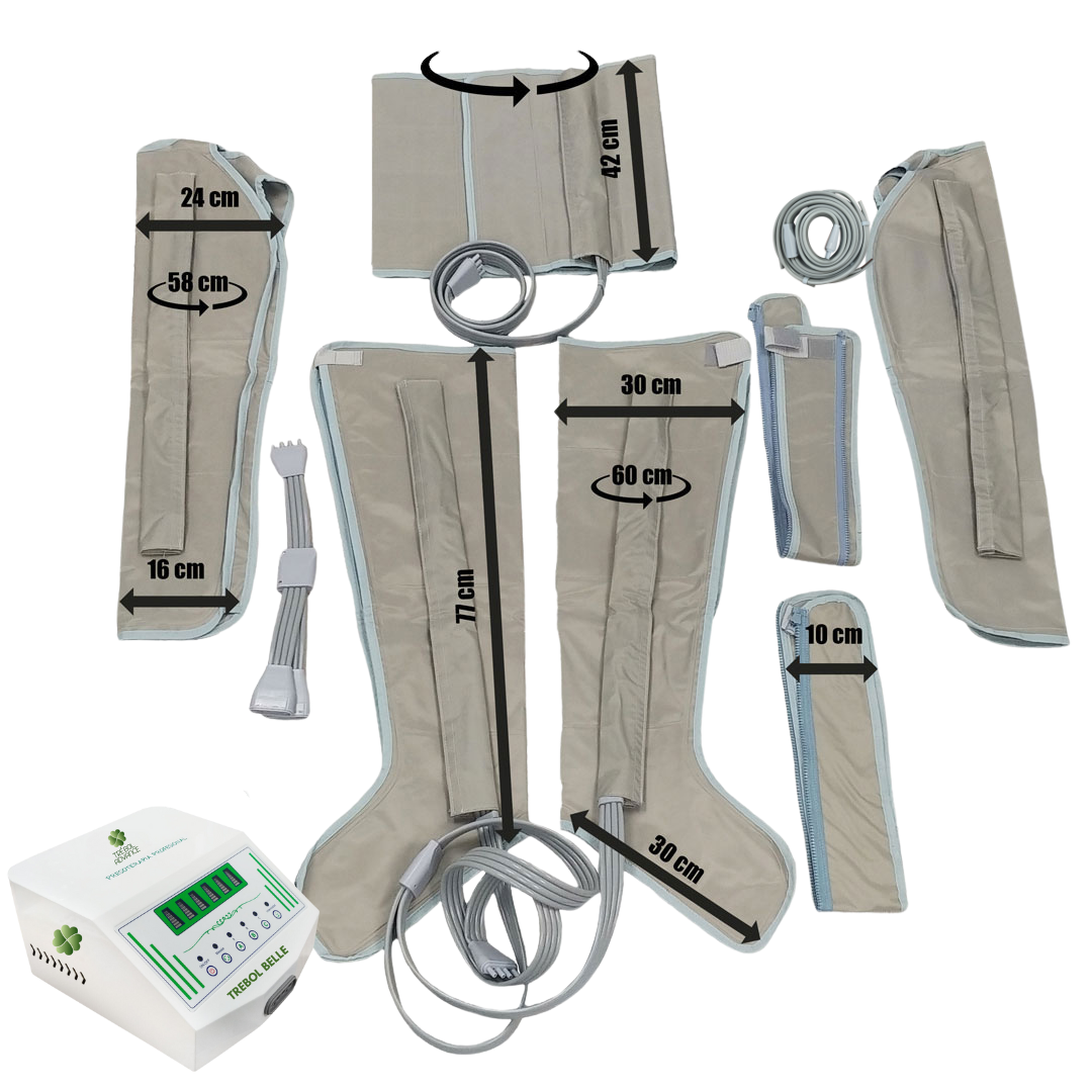 Componentes de dispositivo médico: mangas para piernas, envoltura abdominal y unidad de control. Tejido beige con ribete azul. Medidas indicadas.