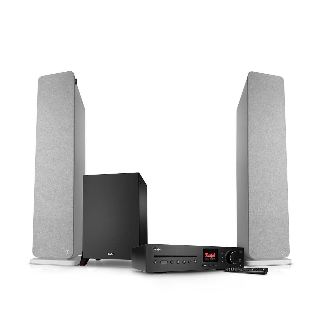 Ein schwarzes Audiosystem mit zwei hohen grauen Lautsprechern, einem schwarzen Subwoofer und einem schwarzen CD-Receiver.