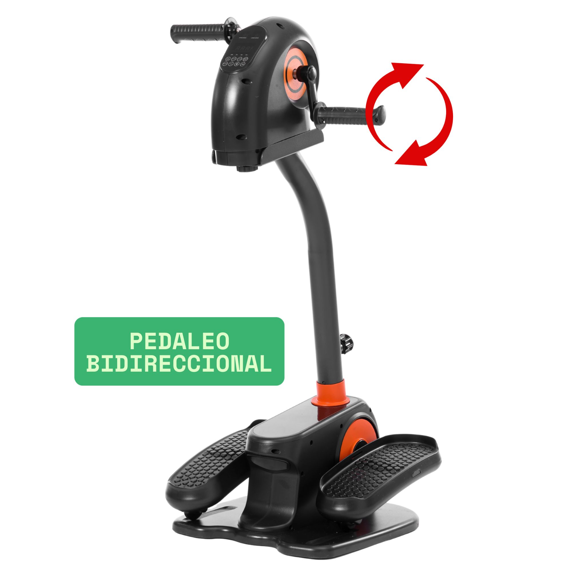 Máquina de ejercicios negra y naranja con pedales y manijas. Letrero verde con 'PEDALEO BIDIRECCIONAL'. Flechas rojas indican movimiento bidireccional.