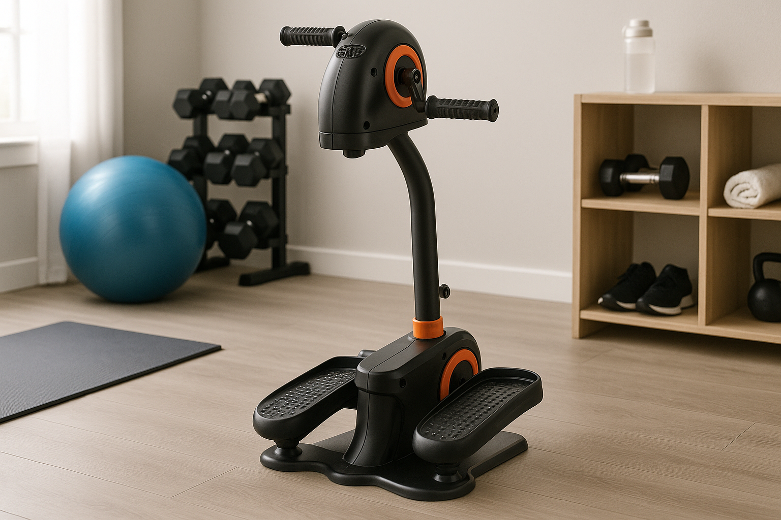 Equipo de ejercicio negro y naranja en un gimnasio en casa. Incluye pesas, una pelota de ejercicios azul y una estantería.