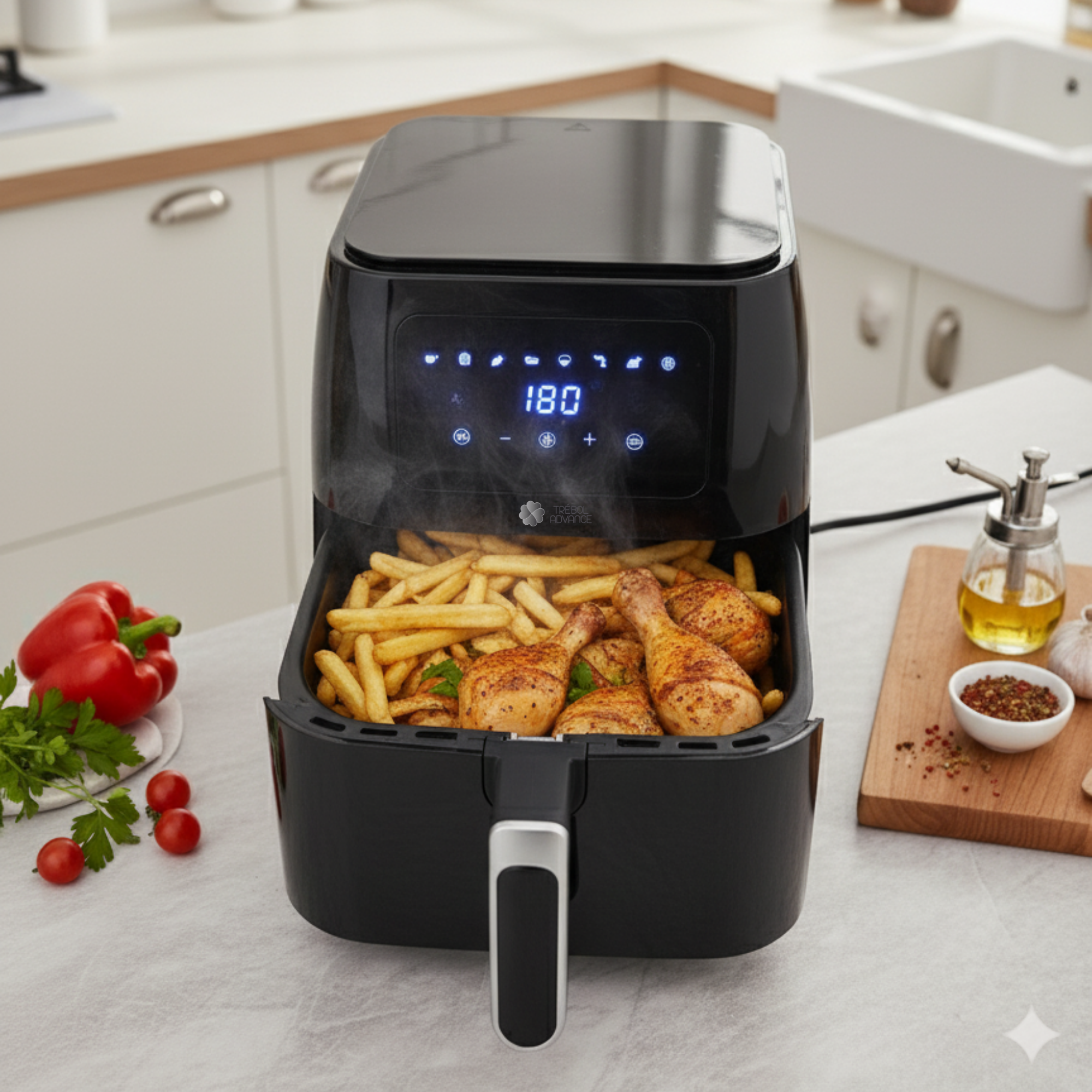 Freidora de aire negra con pollo y patatas fritas. Pimiento rojo, tomates y aceite al lado. La pantalla muestra 180 grados.