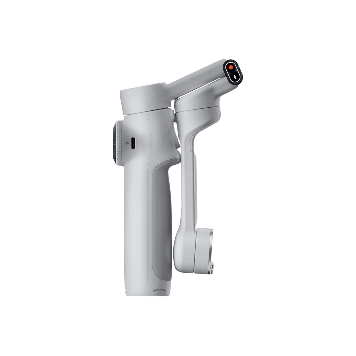 Ein weißer Hand-Gimbal-Stabilisator auf weißem Hintergrund. Er hat einen Griff, Arm und Kopf mit rotem Knopf und einem Anschluss 'IN'.
