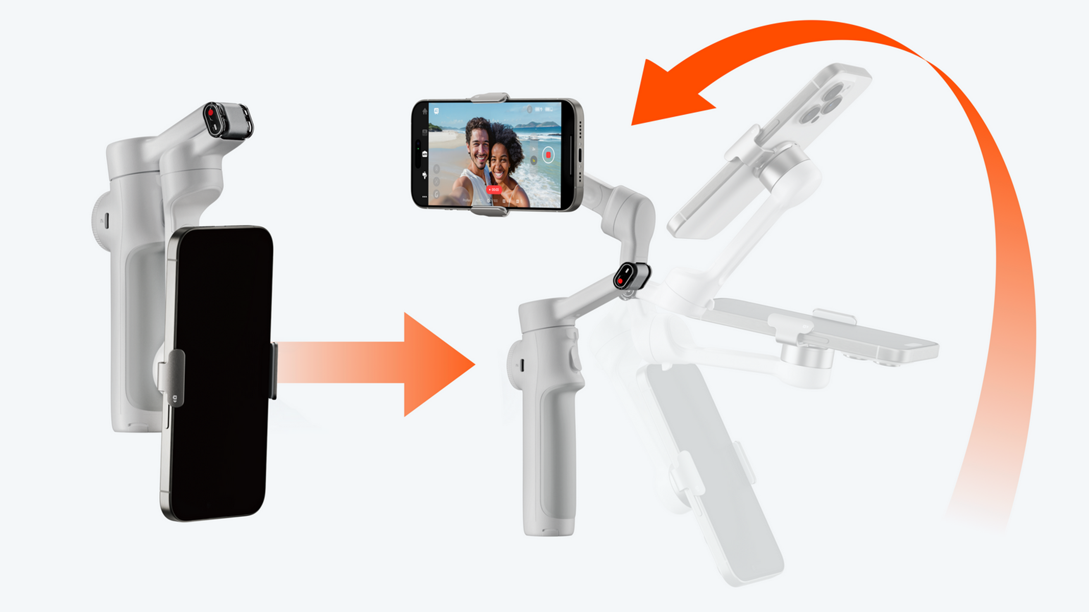 Ein weißer Smartphone-Stabilisator mit einem schwarzen Telefon. Orange Pfeile zeigen die Bewegungs- und Rotationsmöglichkeiten.