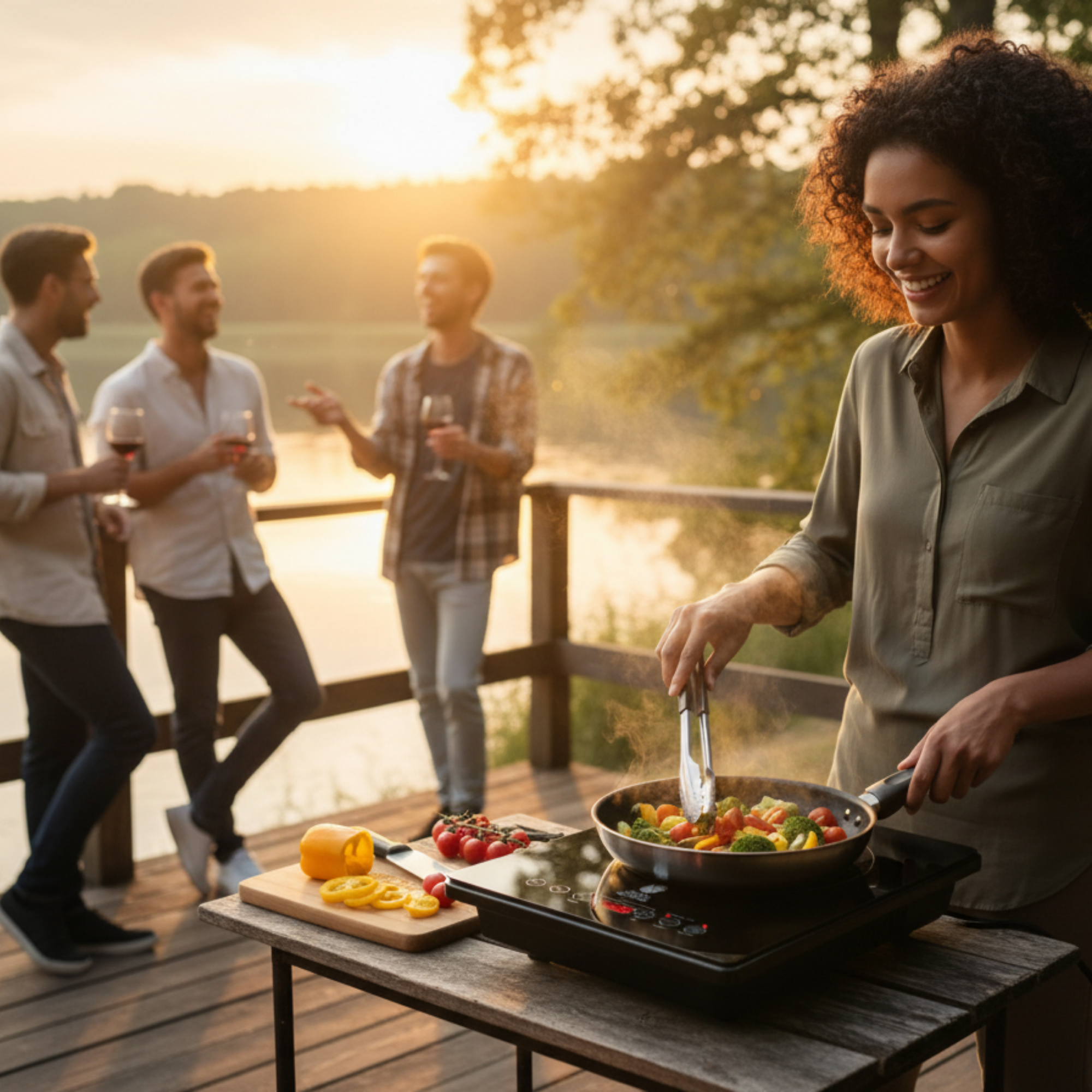 Mujer cocinando verduras en una terraza. Tres hombres en el fondo. Puesta de sol sobre un lago.