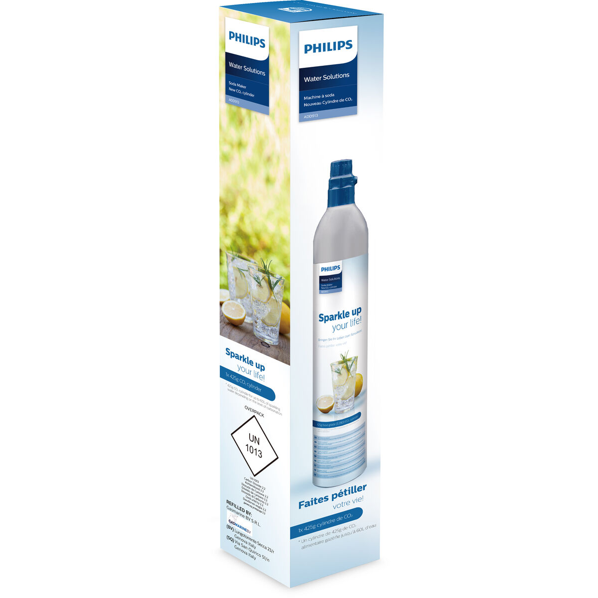 Una scatola e un cilindro per soda Philips. Pubblicizza acqua frizzante con limoni e rosmarino.