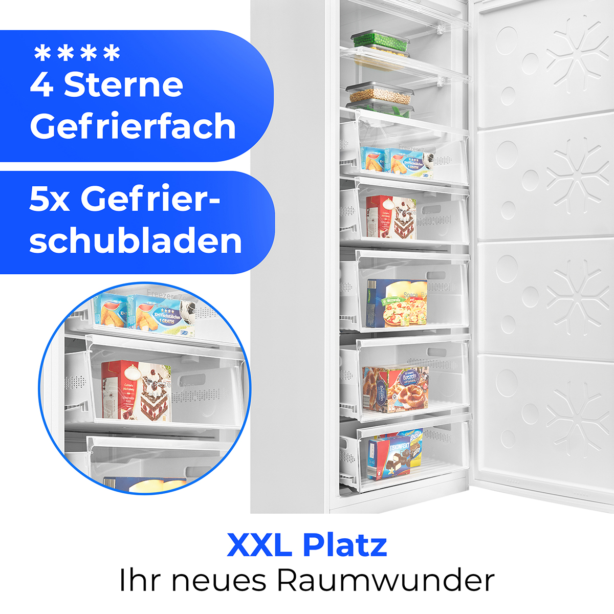Ein weißer Gefrierschrank mit offener Tür, die Schubladen mit Lebensmitteln zeigt. Blaue Textblasen links beschreiben Merkmale.