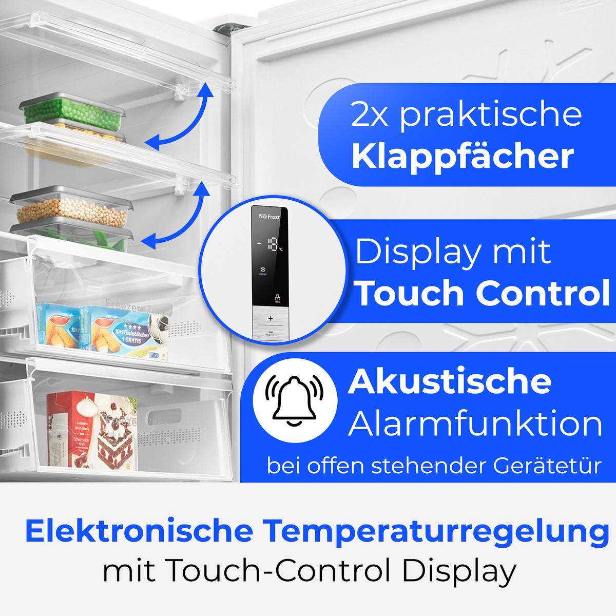 Offener Kühlschrank mit Regalen voller Lebensmittel. Text beschreibt Merkmale wie Touch-Control-Display und akustischen Alarm.