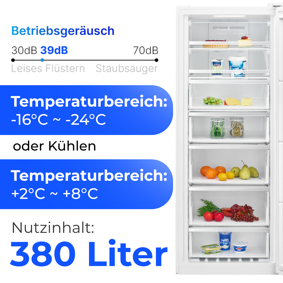 Weißer Gefrierschrank mit offener Tür, Schubladen mit Lebensmitteln wie Obst, Gemüse, Joghurt und Gebäck. Texte über die Temperatur.