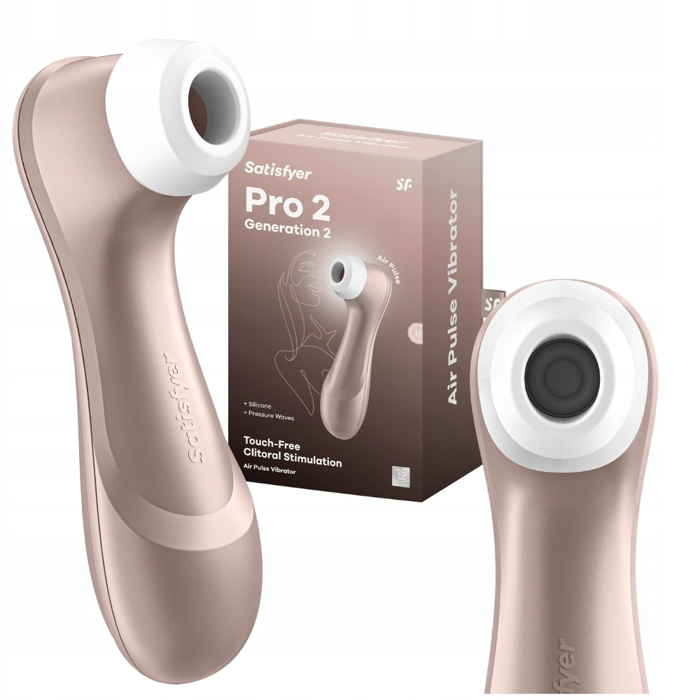 Różowy stymulator łechtaczki Satisfyer Pro 2 z białą końcówką i pudełko z tym samym produktem i tekstem.