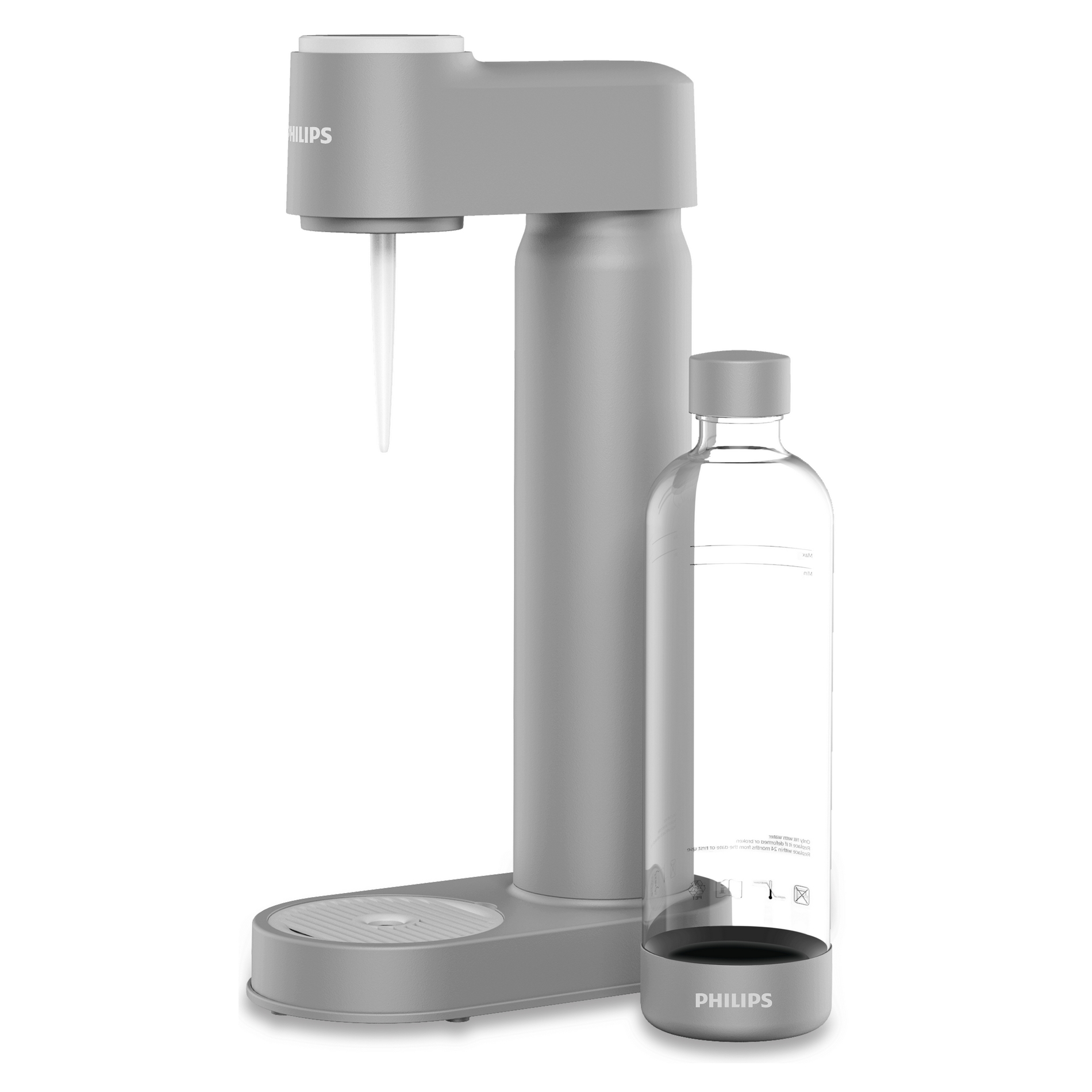 Un produttore di soda Philips grigio con una bottiglia. Il produttore di soda ha un design alto e cilindrico e una bottiglia trasparente.