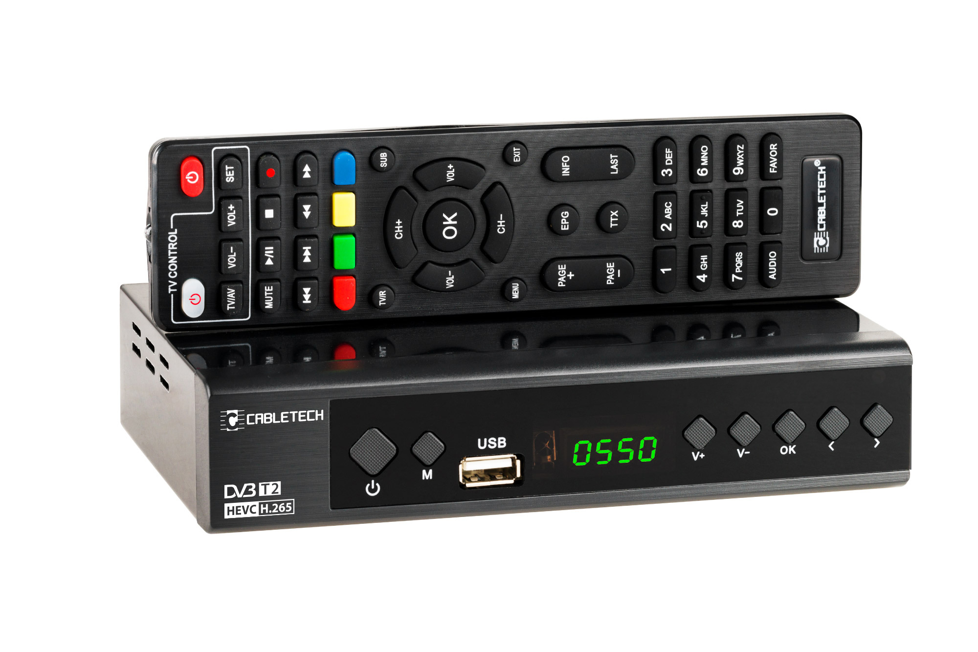 Czarny odbiornik cyfrowy Cabletech z pilotem. Odbiornik wyświetla '0550'. Pilot ma wiele przycisków.