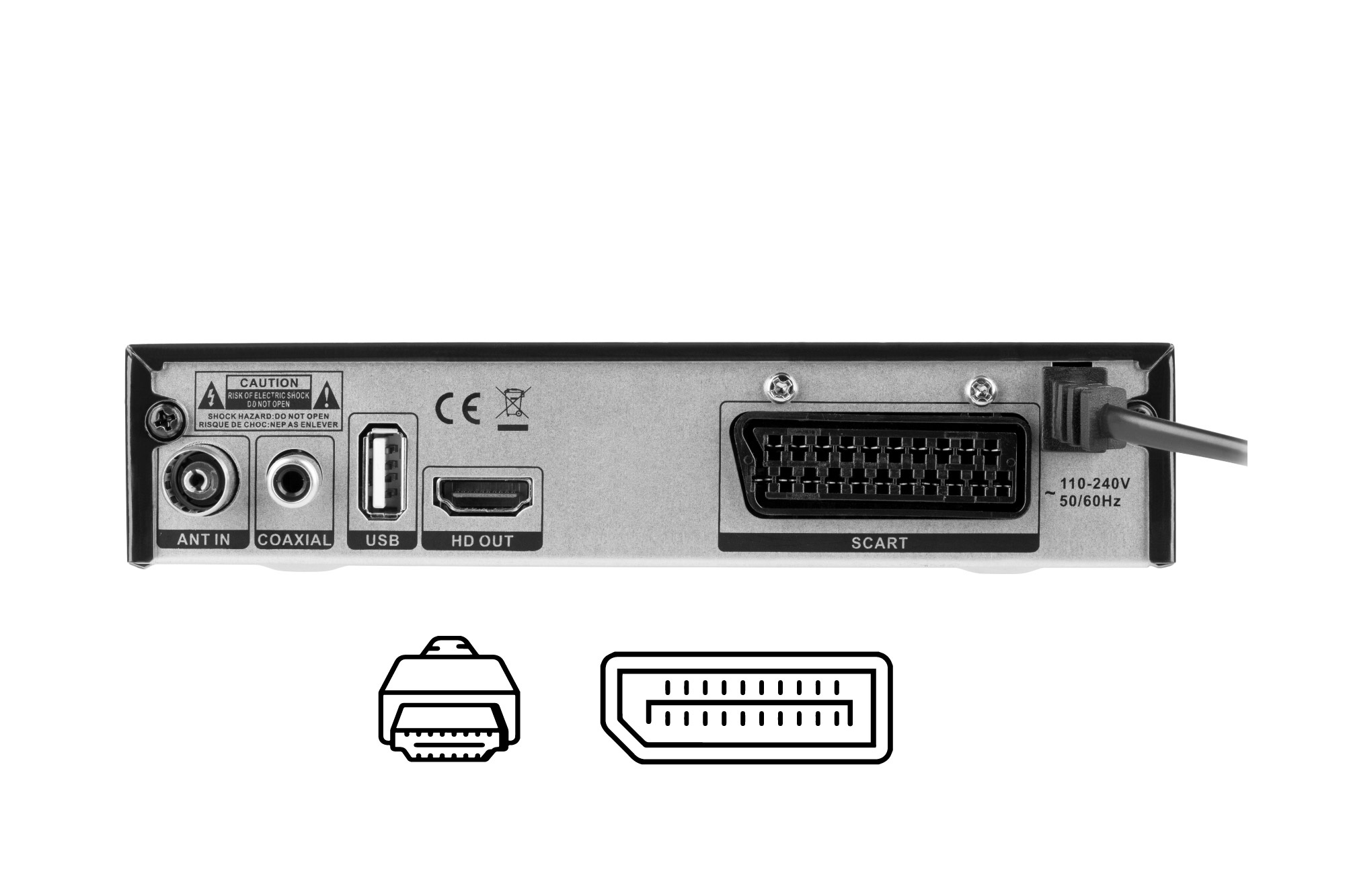 Czarny panel tylny urządzenia multimedialnego z portami: antenowym, koncentrycznym, USB, HD out, SCART, wejściem zasilania. Ostrzeżenia.