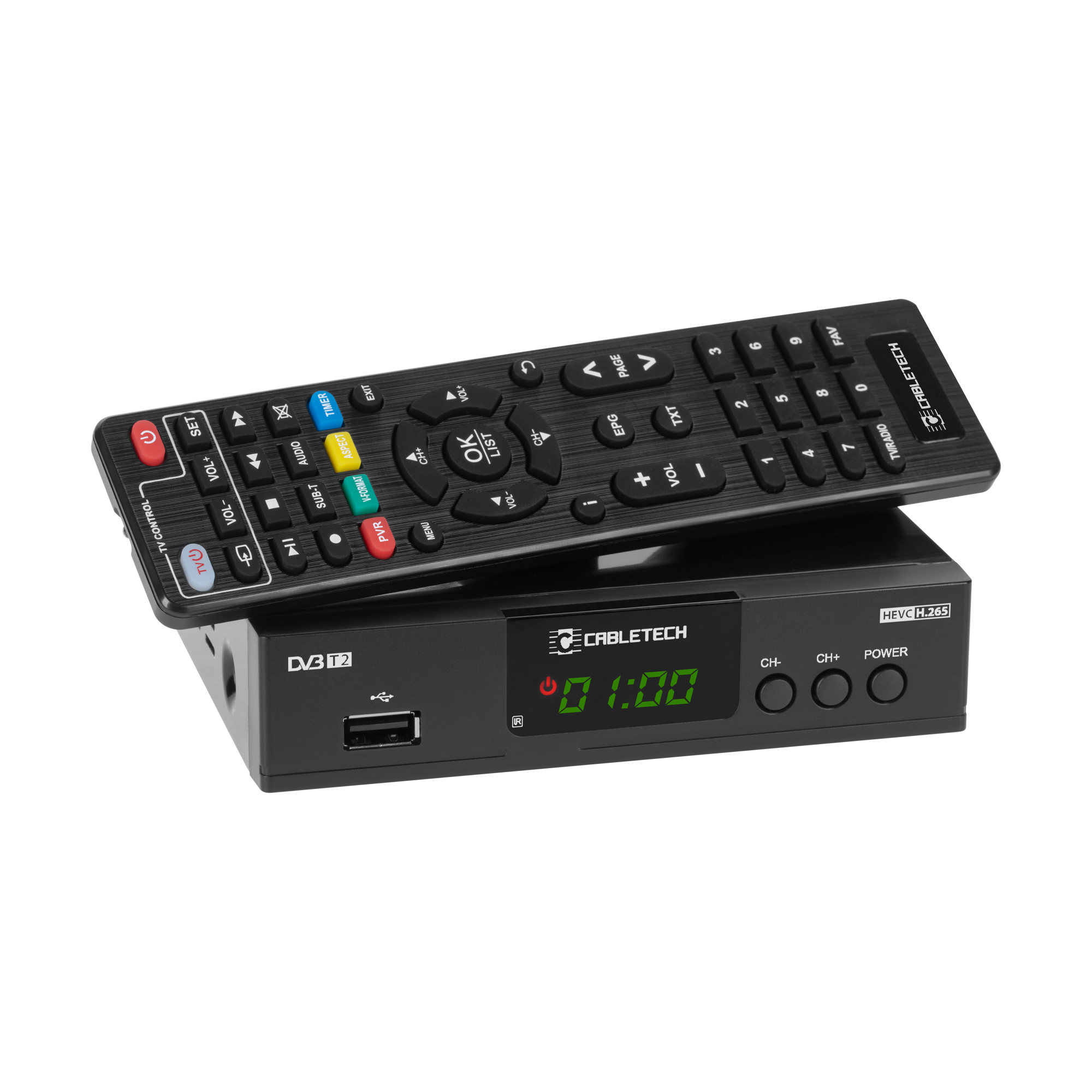Czarny odbiornik cyfrowy Cabletech z pilotem. Pilot znajduje się na odbiorniku.